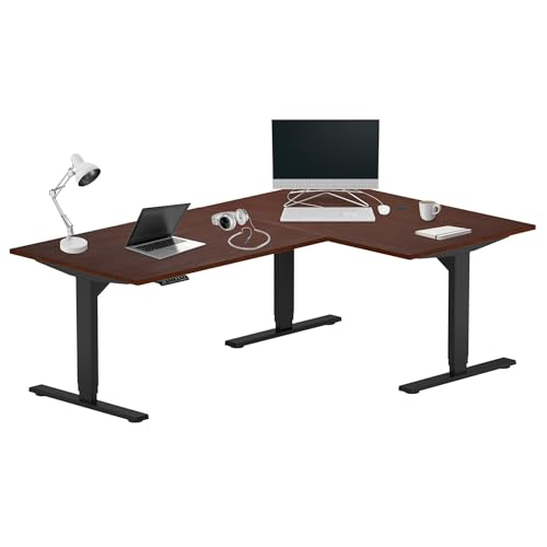 Image of Progressive Desk Height Adjustable Computer Standing Desk - L Shaped 72 inch x 48 inch Corner Electric Stand Up Rising Workstation Table - Black Frame, Dark Cherry Top