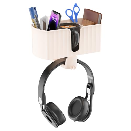 4 in 1 Desk Cup Holder with Storage — Clamp-On Under Desk Cup Holder & Rotating Headphone Hanger, Built-in 2 Wire Holes, Detachable Storage Compartment for Cups, Phones & Pens Desktop Accessories