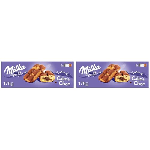 Milka Cake & Choc Bizcocho con Pepitas de Chocolate con Leche de los Alpes y Relleno de Chocolate 175g (Paquete de 2)