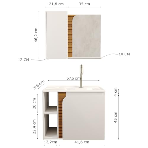 Gabinete Banheiro Lotus com 2 portas Espelheira e Cuba Branco/ripa 3d