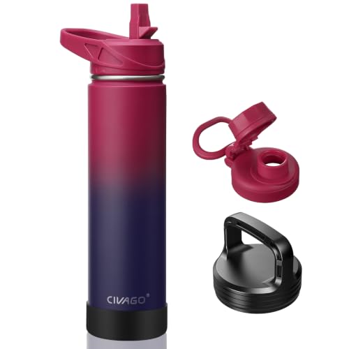 CIVAGO 24 oz Insulated Stainless Steel Water Bottle With Straw and 3 Lids
