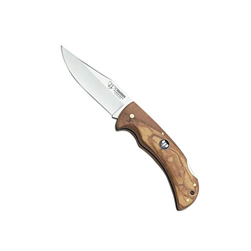 Navaja Cudeman 326-LF hoja de acero ACX-380 de 9,5 cm y empuñadura de madera de olivo de 11 cm con funda de cuero para Caza, Pesca, Supervivencia y bushcraft + Portabotellas Regalo