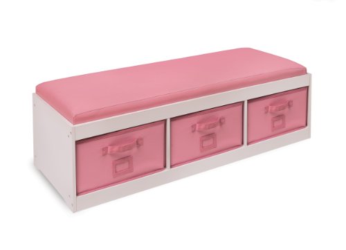 Badger Basket Kids’ Storage Bench with Cushion - Toy Organizer with 3 Removable Bins, Faux Leather Seat, Durable Wood Frame - Storage Bench with Seating for Playroom or Bedroom - White/Pink