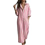AMhomely Vestidos largos para mujer del Reino Unido, vestido camisero de algodón y lino con cuello en V, manga corta a rayas con bolsillos, vestido largo casual para vacaciones, Zzz- Rosa, L