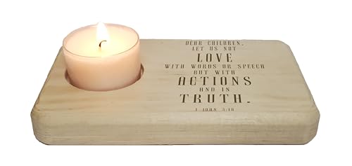 Christ Gift Spiritual Bible Verse Wood Tea Light Candle Holder with 1 John Bible Verse (1 John 3:18) Christian Gift Home Decor