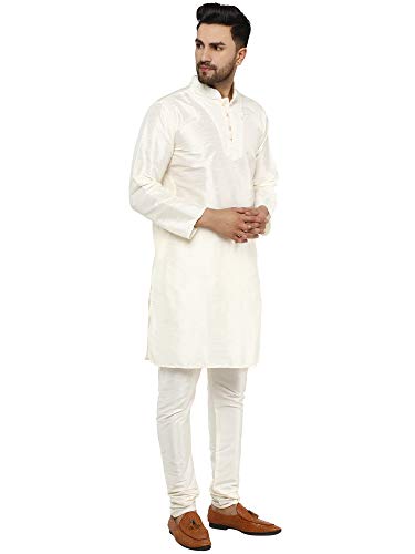 Image of SKAVIJ Men's Dupion Silk Embroidered Kurta Pajama Mandarin Collar Ethnic Motifs Festive Party Dress