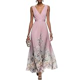 Cocktailkleid Damen Lang A Linie Abendkleider Elegant Für Hochzeit Chiffonkleid Damen V Ausschnitt Lange Blumenkleid Festlich Maxi Ballkleider Ärmellos Blumen Frühlingskleid Plissee Kleider