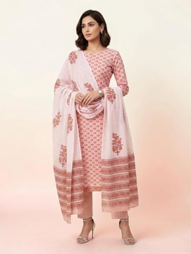 Image of Eddika women unstitched hand block printed cotton suit set with mulmul dupatta ehbpcswmd0120P