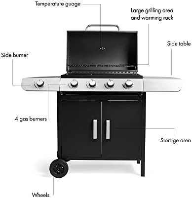VonHaus Gas BBQ, 4+1 Burner Gas Barbecue with Warming Rack, Side Burner, Temperature Gauge, Cabinet Storage Shelf & Wheels, Portable, Steel & Chrome, Grill Meat, Fish, Veg in Your Garden Outdoor Space