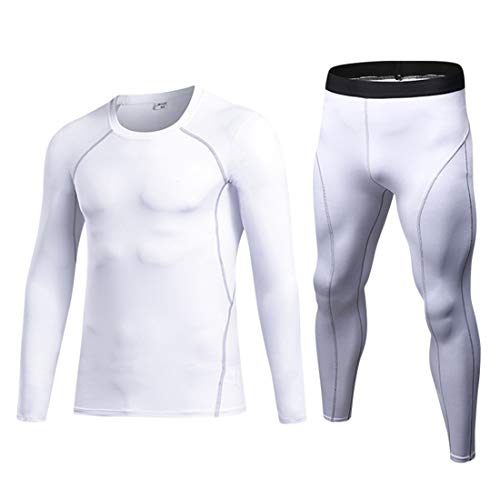 QCHENG Ensemble de sous-vêtements Thermiques pour Homme Base Layer Haut Maillot de Corps Pantalon Bas Hiver Ski Montagne Underwear Blanc Small Cover