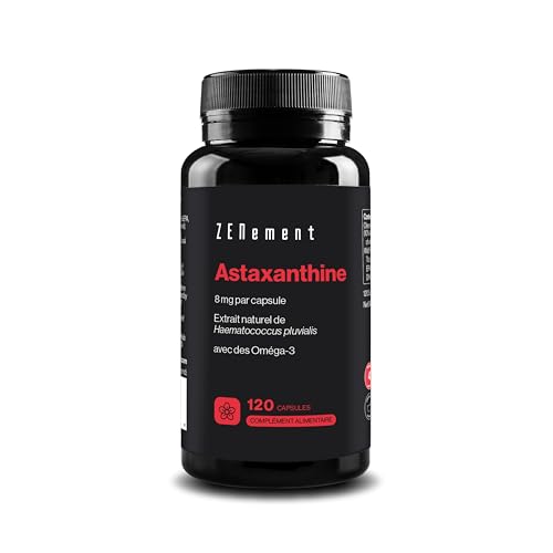 Astaxanthine Naturelle Pure 8 mg issue de Haematococcus pluvialis – avec Oméga-3 pour une Meilleure Absorption – 10% d’Astaxanthine Pure – 120...