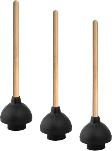 Image of Superio Heavy Duty Plunger with 21 Inch Wooden Handle, Black Rubber - Classic Toilet Plunger, Heavy Duty, Double Thrust Force Cup, Rubber Toilet Plunger, Black Plunger (Pack of 3)