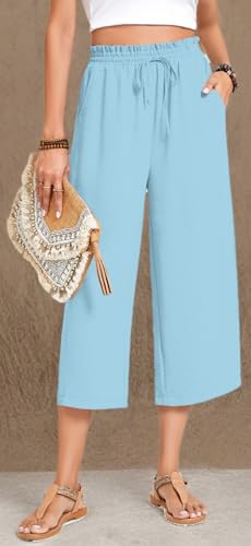 Image of Anyhold Women's Capri Pants Drawstring Casual Palazzo Trousers with Pockets Loose High Waisted Wide Leg Lounge Pants