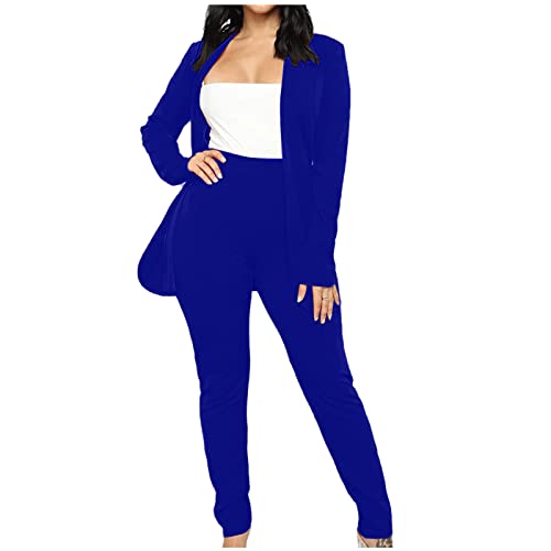 Womens 2 Piece Outfit Suit Casual Plain Trouser Suit Long Sleeve Open Front Blazer Jacket Solid Work Business Office Wedding Guests Casual Smart Suit Set Ladies UK Size 8-16 Blue