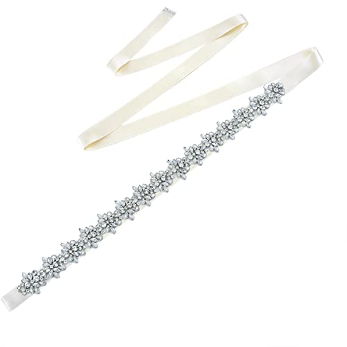 ULAPAN Rhinestone Bridal Belt Sashes for Women Dress, Diamond Wedding Belts Sash Ribbon for Bridesmaid Prom Gowns (Ivory)
