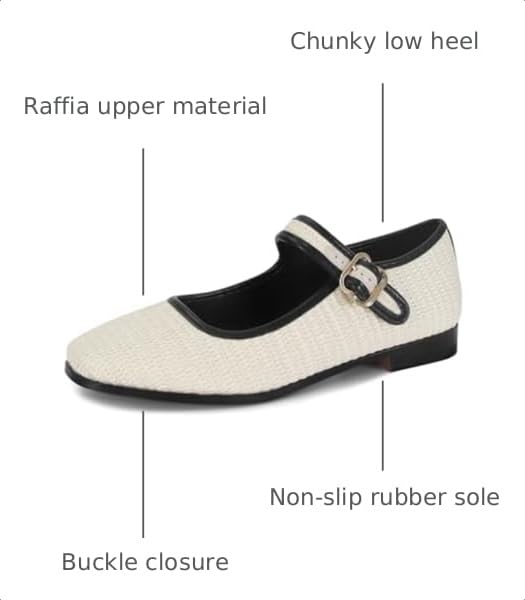 Image of DOEYG Raffia Mary Jane Ballet Flats for Women Square Toe Buckle Strap Ballerina Flats Comfortable Dress Shoes
