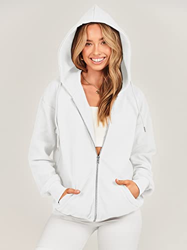 Anrabess Women's Hoodies 2023 Fall Jacket Cute Teen Girl Tops Casual Ribbed Knit Long Sleeve Sweatshirts Zip Up Y2K Hoodie Trendy Clothes White 931Baise-Xl #TOP7