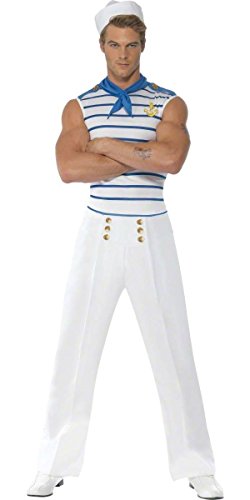 Smiffys Men Fever Male French Sailor Costume,White,M - US Size 38"-40"