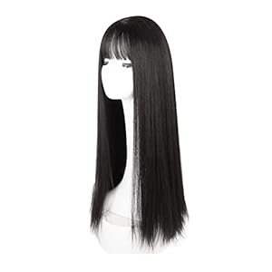 FILFEEL 7 inch Lange Zwarte Rechte Pruik met Pony Dames Hittebestendige Elegante Synthetische Pruik Hoge Dichtheid Matte Textuur