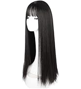 Black Straight Wig, Wig with Bangs Women Heat Resistant Fashionable Elegant Synthetic Wig 28.3 In...