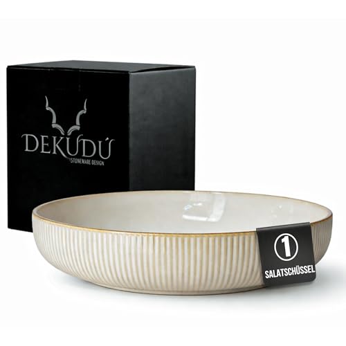 DEKUDÙ Salatschüssel Keramik Servierschüssel Servierplatte Steingut Teller - Handgefertigt - Hochwertiges Steinzeug- 1 Stück - Ø 25 cm - Spülmaschinen Mikrowellen ofenfest Kratzfest -Modern - Beige