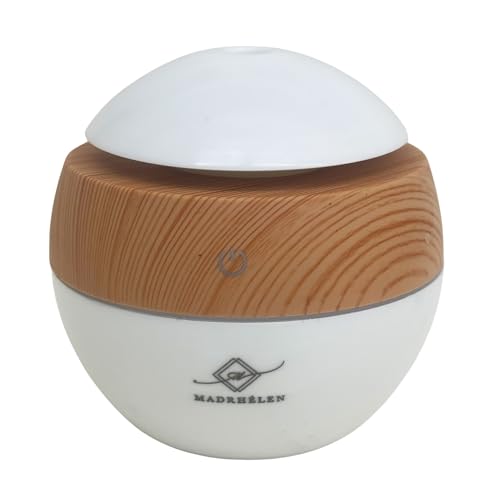 MADRHELEN Diffusore di Aromi Umidificatore, Design Legno e Bianco, 130ml, LED con Funzione Silenziosa, USB, 9.7x9.7cm, con Cavo USB e Manuale