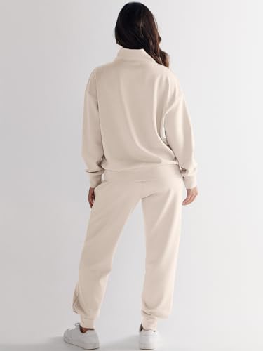 ANRABESS Women's 2 Piece Outfits Sweatsuit Half Zip Sweatshirt Jogger Sweatpant Trendy 2024 Fall Lounge Set Tracksuit Clothes Apricot Small