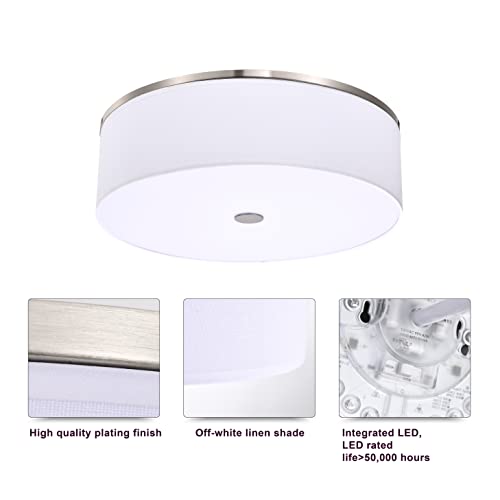 Flush Mount Ceiling Light, Brushed Nickel Drum Linen Fabric Shade, 20 Inch 42 Watts Led 2000 Lumens 3000K-4000K-5000K Switchable 90Cri Dimmable Energy Saving 20" Modern Ceiling Light Fixtures #TOP4