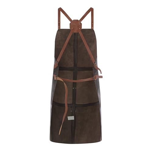 Miniatura 9 de Theodore Delantal De Piel Con Diseño De Espalda Cruzada - Ideal Para Taller De Carpintería O Cocina Para Barbacoa - 3 Bolsillos Para Herramientas