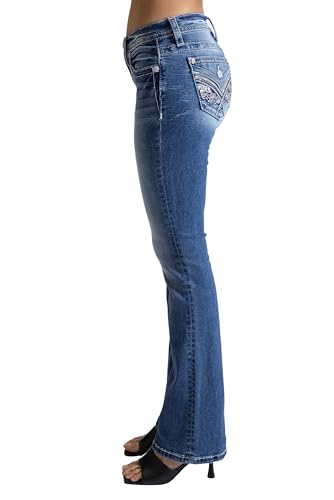 Miss Me Women's V Floral Faux Flap Pockets Mid-Rise Bootcut Jeans3