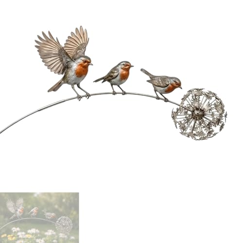 Robin Garden Stake Rustic Robin Bird Yard Art Decorations with Dandelion Accent Metal Robins Bird Garden Sculpture for Lawn Patio Flower Bed and Backyard Memorial Gift