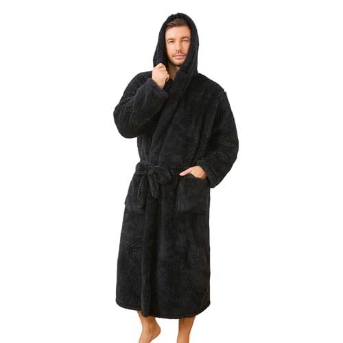 U2SKIIN Men Plush Fleece Hooded Robe, Soft Warm Long Bathrobe with Pockets, Cozy Shower Robe for Men Loungewear