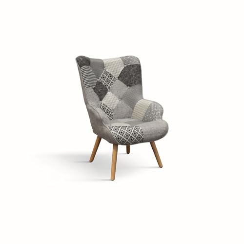KONTE.Design Sillón Havana en Tejido Patchwork Gris y Patas de Madera