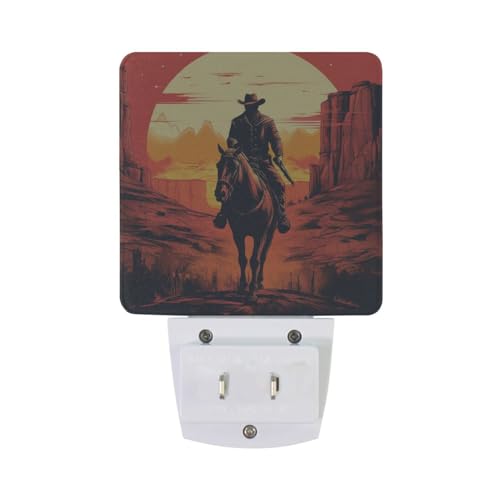 Image of Sunset Cowboy Horse Night Lights 2 Pack Plug-in Wall Led Nightlight Auto Dusk-to-Dawn Sensor Lamps for Bedroom Kitchen Bathroom