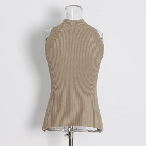 Safrisior Women Sexy Hollow Out Twist Front Knitted Tank Tops Sleeveless High Neck Cut Out Sweater Vest Khaki #TOP2