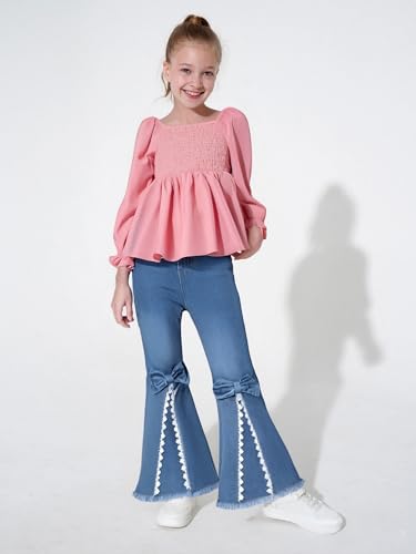 Image of XUANHAO Toddler Girls Clothes Puff Sleeve Smocked Shirt Flare Jeans Pant Outfits for Girl Bell Bottom Kids Girls Clothing Set
