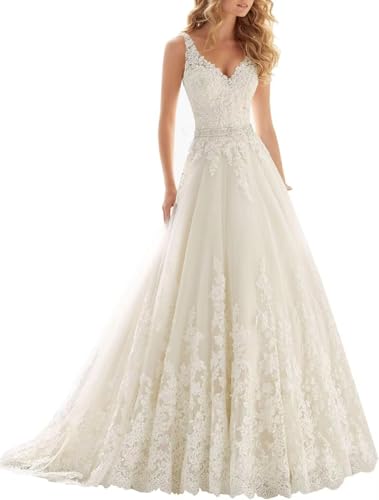 Lace Vintage Wedding Dresses for Bride 2025 V Neck A Line Empire Gothic Simple Bridal Guest Ball Gowns for Women Plus Size Champagne 24
