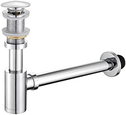 GORDEE Bathroom Sink Stopper P-Trap Complete Set Adjustable 1-1/4 Bottle Trap Solid Brass Sink Drain Kit Tube and Pop Up Drain Stopper Set without Overflow, Polished Chrome
