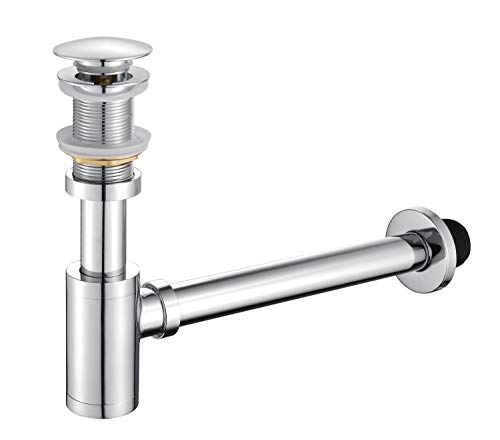 GORDEE Bathroom Sink Stopper P-Trap Complete Set Adjustable 1-1/4 Bottle Trap Solid Brass Sink Drain Kit Tube and Pop Up Drain Stopper Set without Overflow, Polished Chrome