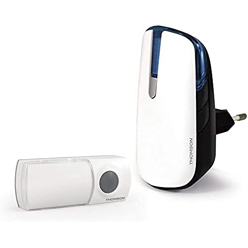 Thomson - Carillon + Sonnette - Sans fil avec bouton, Enfichable sur prise 230volts , Portée de 250m , couleur: Blanc, Batterie Lyhtium pour le bouton sonnette - 513130