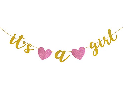 Famoby Gold Glittery It's a Girl Banner for Baby Shower Party Decorations