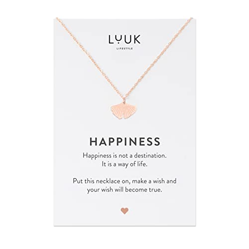 LUUK LIFESTYLE Filigree necklace with ginkgo leaf pendant and HAPPINESS