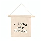 I Love Who You Are Canvas Hang Sign. Available in Natural Sewn and screen printed by hand on natural canvas cotton blend by Kenyan artisans.