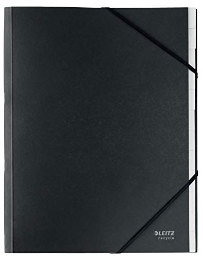 Leitz A4 Ordnungsmappe 12 integrierte Fächer Elastischer Gummiband-Verschluss 100% recyclebar Umweltfreundlich Recycle-Serie Schwarz 39150095