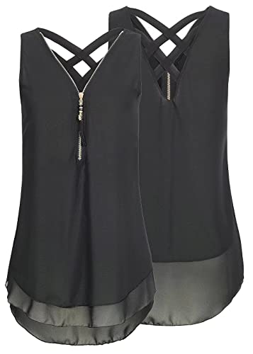 Damen T-Shirt Sommer Chiffon Bluse mit Reißverschluss Vorne V-Ausschnitt Tops (Schwarz, S) Cover