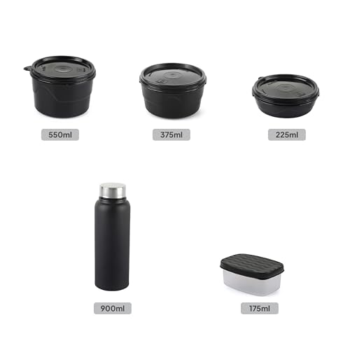 Image of CELLO MF All In One Lunch Box with Bag for Office Use, Black | 225ml, 375ml, 550ml Microwave Safe Containers, 175ml Salad Box, 900ml Bottle with Fork & Spoon, Airtight Leak Proof Tiffin Box for Travel