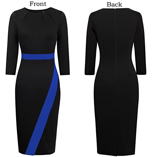 Vfshow Womens Black And Blue Pleated Crew Neck Patchwork Front Slit Work Business Office Party Bodycon Sheath Pencil Dress 8178 Blu L #TOP3