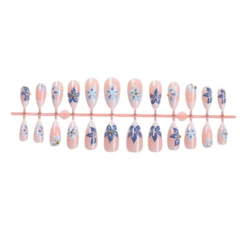 Image of Flower Nail Press ons White French Tip Fake Nails with Gold Design Blue Floral Glue on Nails Glossy Artificial Acrylic Full Cover Medium Almond Stick on Nails for Women Summer Manicure 24Pcs