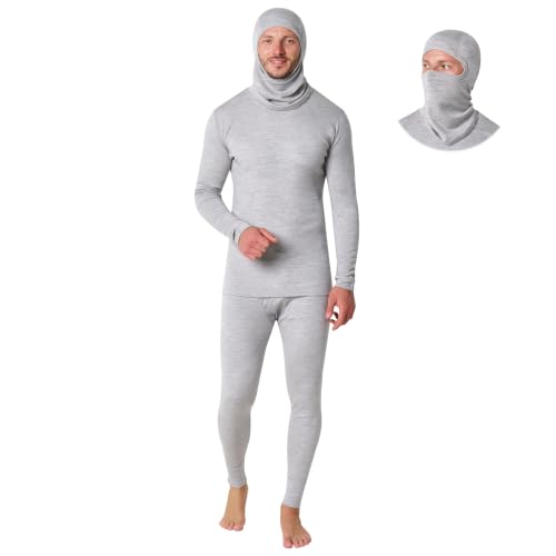 100% Merino Wool Base Layer Men Set - Thermal Long Underwear with Balaclava (X-Large, 330 Heather Grey)