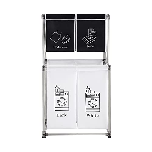 SlickBlue 2 Tier Laundry Hamper with 4 Removable Bags for Sorting Clothes Lights and Darks